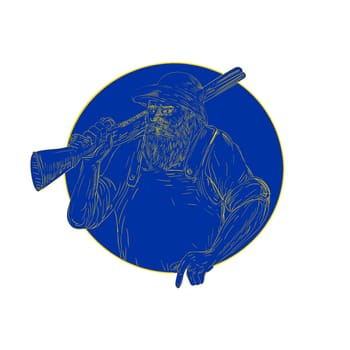 Retro woodcut style illustration of a Bearded Hunter wearing hat Holding shotgun Rifle on shoulder set inside Circle on isolated background.