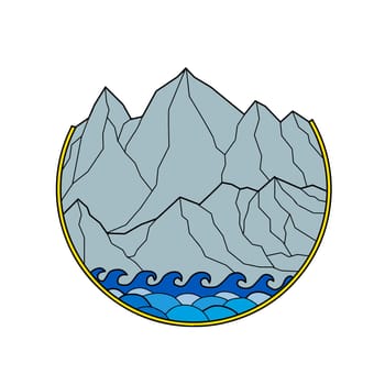 Mono line style illustration of a Rugged Mountain Range with sea Waves breaking on shore set inside Circle on isolated background.