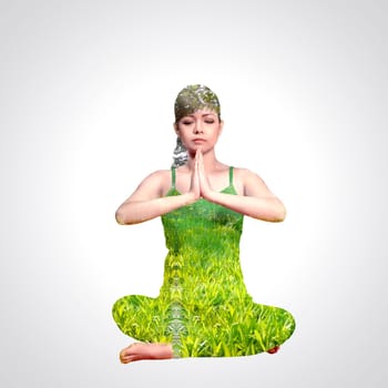 Asian woman doing yoga with double exposure concept