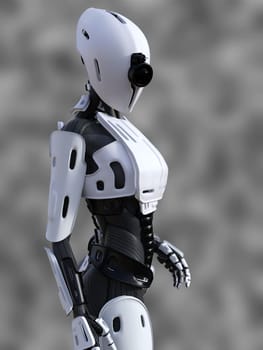 3D rendering of a female android robot standing against a gray background.