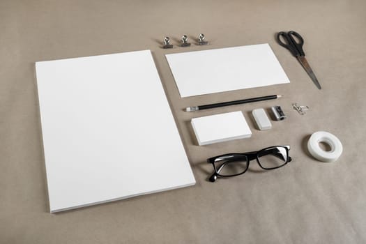 Branding template on craft paper background. Blank stationery. Mockup for branding identity for placing your design.