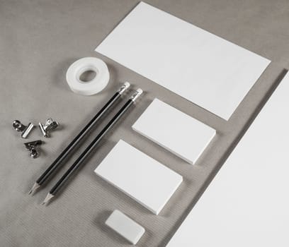 Blank stationery set on craft paper background. ID template. Mockup for branding identity for designers.