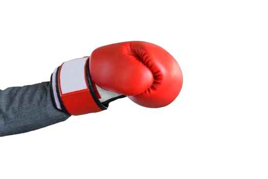 businessman hand wearing boxing glove isolated on white background