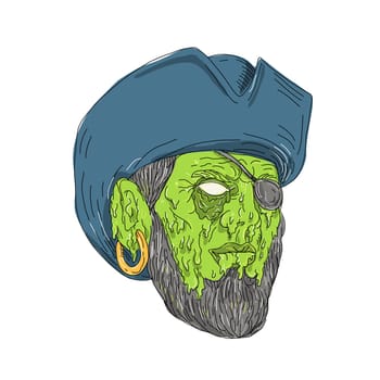 Grime art style illustration of a Buccaneer Pirate privateer wearing a tricorne hat and eye patch on isolated background.