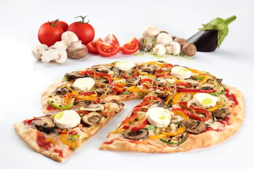 Pizza with mushrooms and mozzarella with its ingredients in the white background