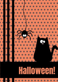 Happy Halloween greeting card with hanging on dash line web spider insect and black funny cat. Cute cartoon character. Flat vector design Orange polka dot background.