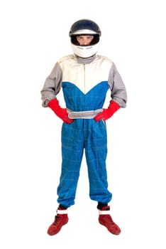 Racing driver posing with helmet isolated in white