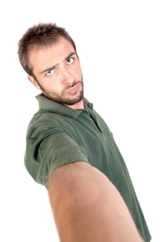 young man making funny faces isolated in white