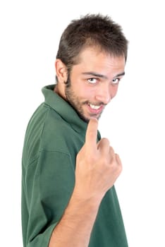 young man making creepy faces isolated in white