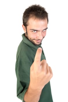 young man making creepy faces isolated in white