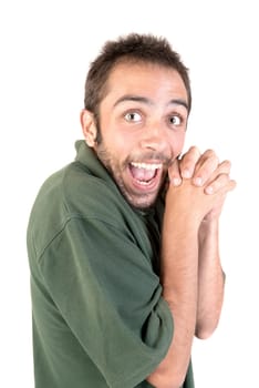 Happy young man making funny faces isolated in white