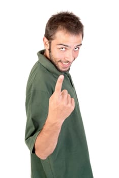 young man making creepy faces isolated in white