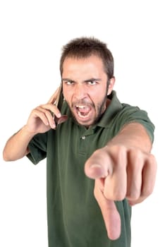 Angry man with cellphone isolated in white