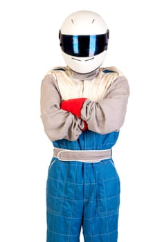 Racing driver posing with helmet isolated in white