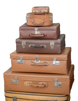 Seven old suit case isolated on white background.