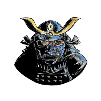 Woodcut style illustration of a samurai warrior wearing facial armor mask called mempo or mengu viewed from front