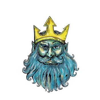 Woodcut style illustration of head of Neptune, Poseidon or Triton wearing a trident crown with flowing beard front view on isolated background.
