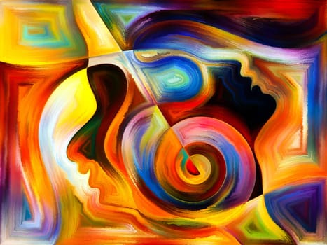 Inner Dialog series. Creative arrangement of human profiles and vivid paint shapes as a concept metaphor on subject of emotions, relationships, human drama, spirituality and design