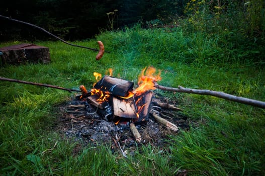 sausage on a stick,fireplace at the campsite