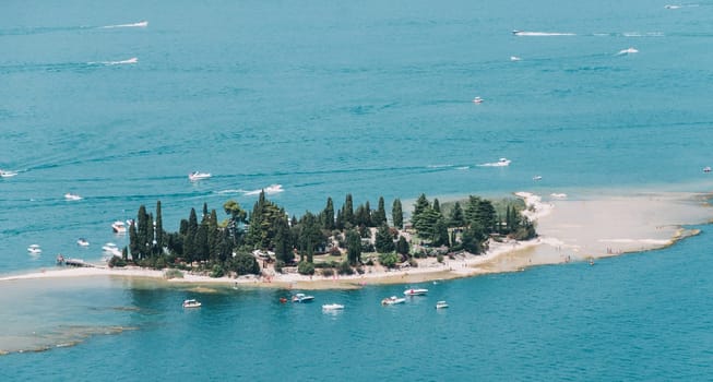 close up on small island on Garda Lake,Italy,low visibility