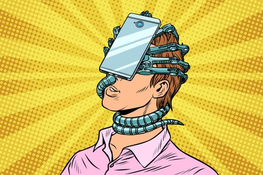 A man absorbed in virtual reality smartphone. Pop art retro vector illustration