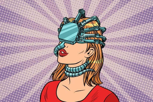 woman in a virtual reality, dangerous parasite helmet. Pop art retro vector illustration