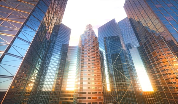 Conceptual 3D cityscape with sun reflection in the windows of buildings.