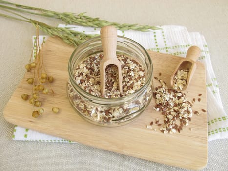 Seed mixture in a glass with oatmeal,flaxseed and sesame
