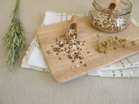 Seed mixture in a glass with oatmeal,flaxseed and sesame