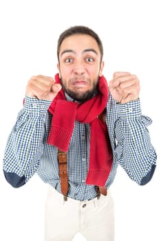 Young happy nerd posing isolated in a white background