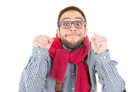 Young happy nerd posing isolated in a white background