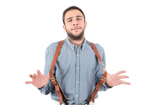Happy nerd posing isolated in a white background