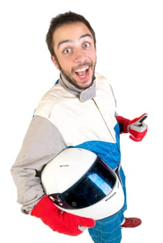 Racing driver posing with helmet isolated in white