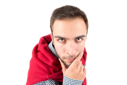 Young nerd thinking isolated in a white background