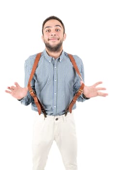 Happy nerd posing isolated in a white background