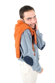 Young in love nerd posing isolated in a white background