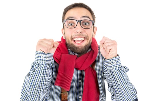 Young happy nerd posing isolated in a white background