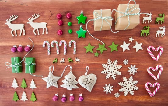 Rustic wooden background with Christmas decorations