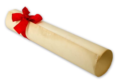 Rolled paper document with red gift ribbon cropped on white background