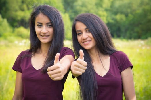 Twins keep thumbs up - outdoor view in summer