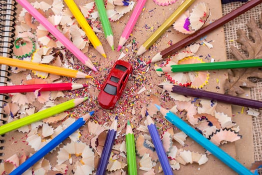 Pencils and toy car as a transportation devices