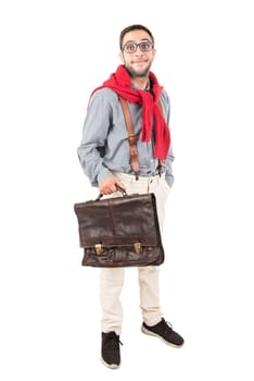 Young nerd posing with case isolated in a white background