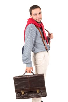 Young nerd posing with case isolated in a white background