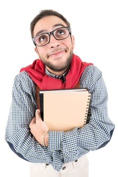 Young nerd student posing with books isolated in a white background