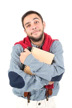 Young nerd student posing with books isolated in a white background
