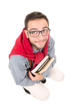 Young nerd student posing with books isolated in a white background
