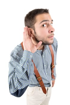 Nerd listening isolated in a white background
