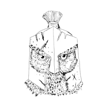 Drawing sketch style illustration of a Great Horned Owl wearing Spartan cracked battle-worn Helmet viewed from front done in black and white.