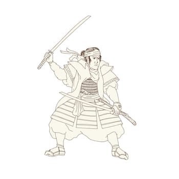 Woodblock drawing sketch style illustration of Samurai Warrior Katana sword Fight Stance viewed from side on isolated background.