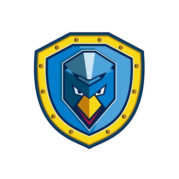 Icon style illustration of a Blue Chicken with Mohawk set inside crest Shield on isolated background.